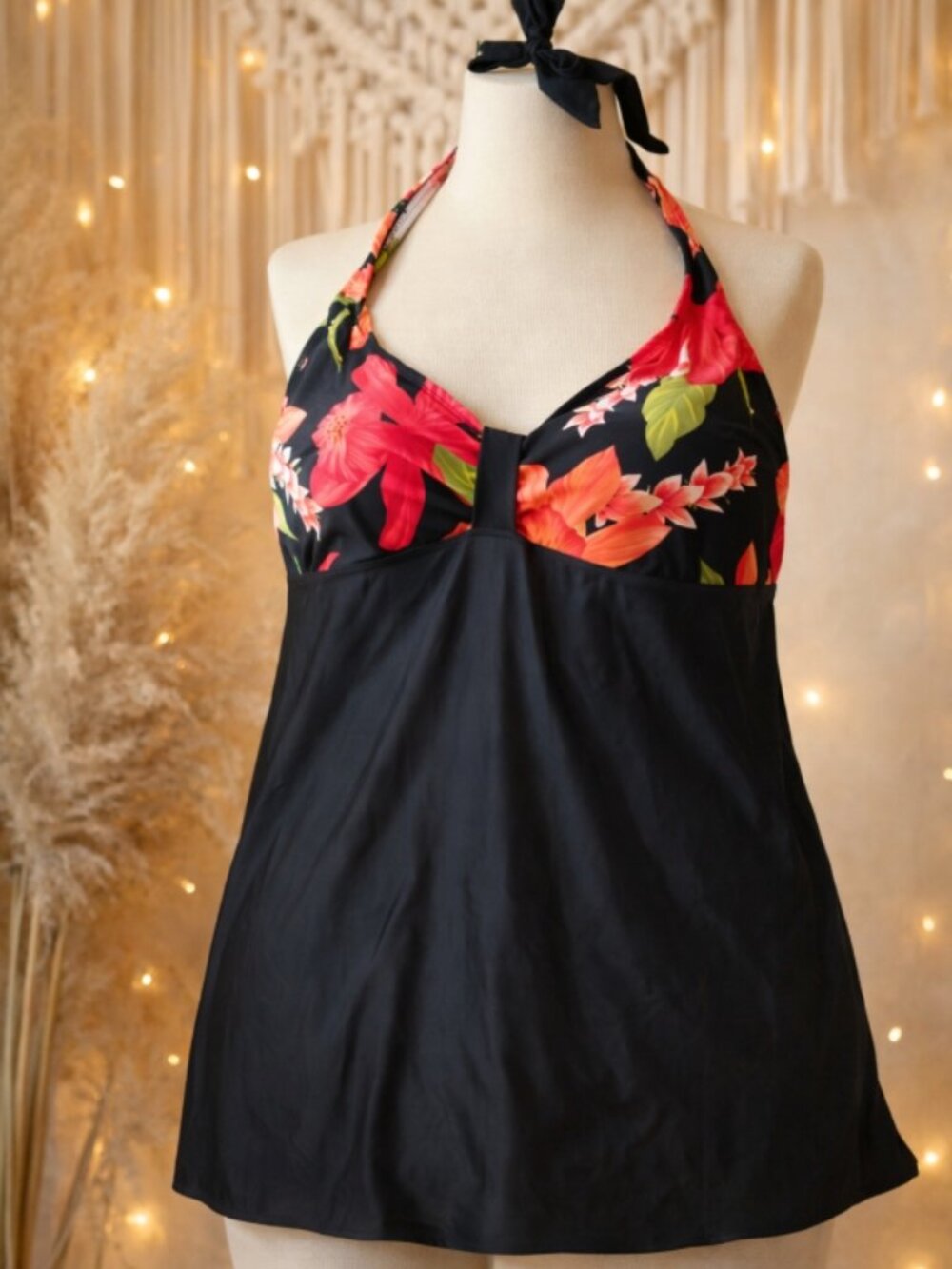 Krista Floral Halter One‑Piece Swimsuit Plus 18 Tropical Resort Retro Black